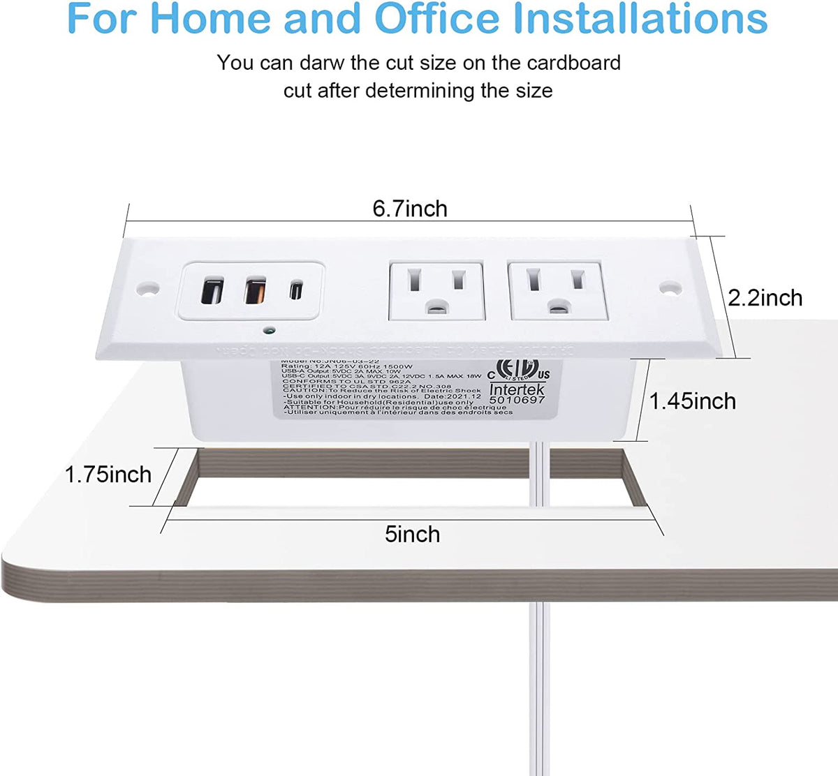 Recessed Power Strip with 20W USB C Port Fast Charging USB A Port Desk Outlet Furniture Hidden Charging Station for Side Table End Table with 6FT 45 Degree Flat Plug Extension Cord White
