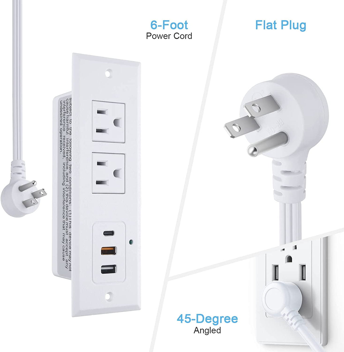 Recessed Power Strip with 20W USB C Port Fast Charging USB A Port Desk Outlet Furniture Hidden Charging Station for Side Table End Table with 6FT 45 Degree Flat Plug Extension Cord White