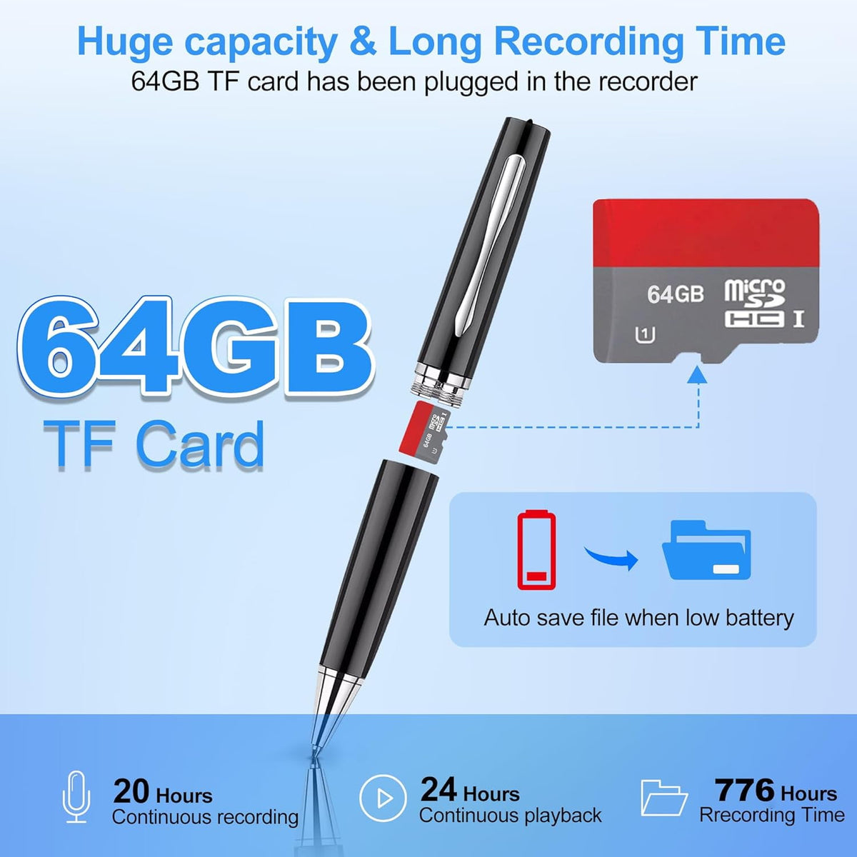 AI Digital Voice Recorder-64GB Voice Activated Recorder with Playback AI-Intelligent Noise Reduction Mp3 Player Voice Activated Sound Audio Tap Recorder Device for Meeting Course Lectures Interviews