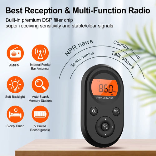 AM FM Portable Radio Personal Pocket Radio Rechargeable with Best Reception Long Battery Life Stereo Earphone Small Digital Transistor Radios for Hiking Walking Jogging