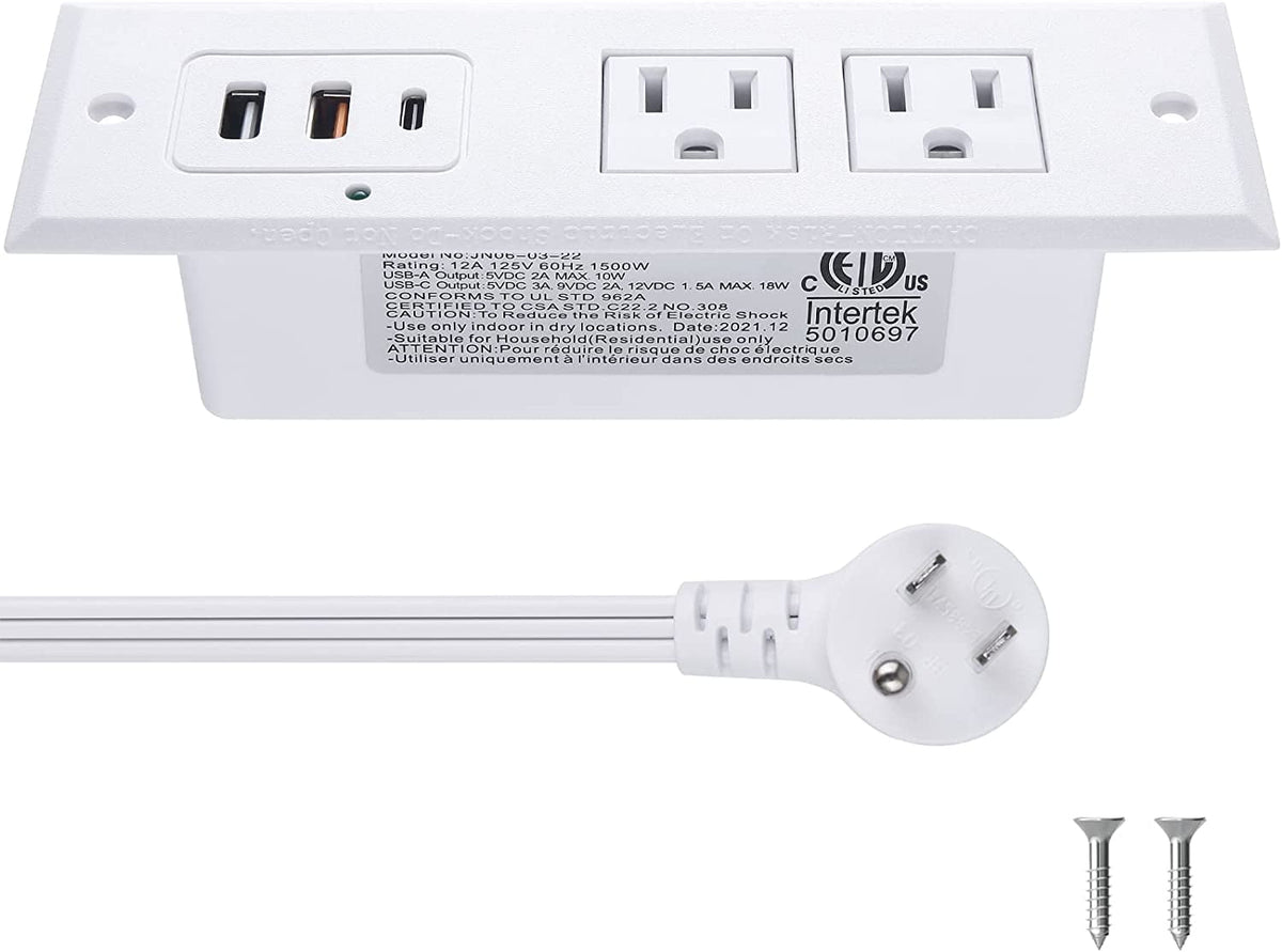 Recessed Power Strip with 20W USB C Port Fast Charging USB A Port Desk Outlet Furniture Hidden Charging Station for Side Table End Table with 6FT 45 Degree Flat Plug Extension Cord White