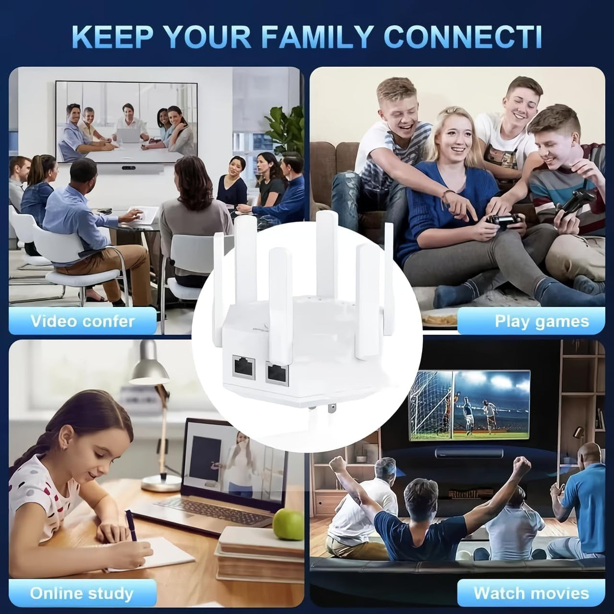 WiFi Amplifier WLAN Booster WLAN Repeater WiFi Range Extender 300Mbps(5999sq.ft) WiFi 2.4GHz Band WPS Wireless Signal Strong Penetrability with Ethernet Port 6 Antennas 360° Full Coverage